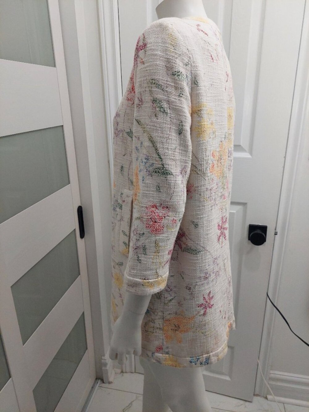 Zara Basic Multicolor Floral Textured Tweed Longline Open Coat M - Picture 5 of 8